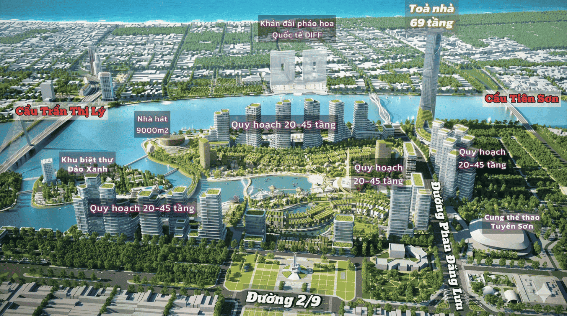 Mô phỏng quy hoạch tổng thể dự án Đà Nẵng Downtown với sự kết hợp tinh tế giữa hạ tầng hiện đại và bản sắc văn hóa địa phương.